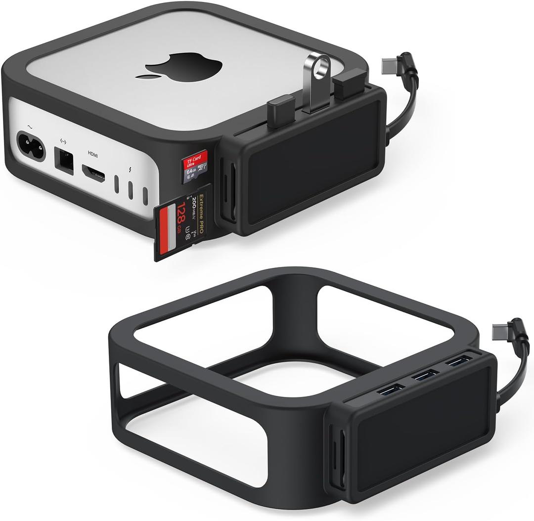 Mac mini M4 / M4 Pro Docking Station, 5 in 1 Mac mini M4 Dock with Silicone Protective Case, 3X USB-A 3.0 (5Gbps) Ports, SD/TF Card Reader - Black