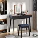 Vanity Desk, Flip Top Makeup Vanity Table with Power Outlet, Makeup Vanity Desk with Mirror & LED Light, Rustic Vanity Set with Cushioning Stool, Vintage Vanity for Bedroom, Black Brown