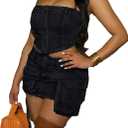 Molilove Women's Denim 2 Piece Outfits Tank Top and Bodycon Mini Skirt with 3D Pocket Summer Sexy Cargo Jeans Set Tracksuit (Black), S