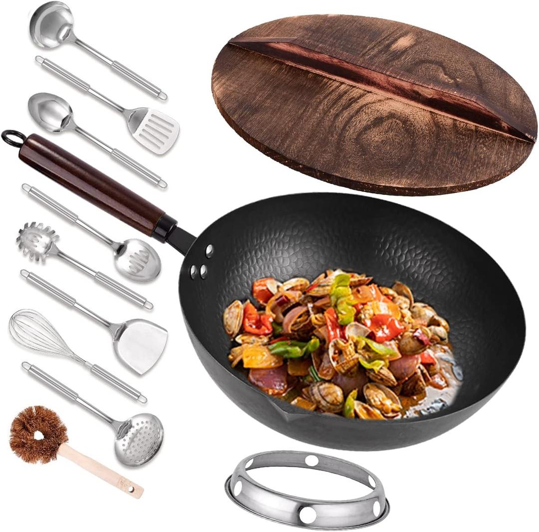 Leidawn 12.8" Carbon Steel Wok-11Pcs Woks & Stir Fry Pans Wok Pan with Lid, No Chemical Coated Chinese Woks with 10 Cookware Accessories, Flat Bottom Wok for Electric, Induction, Gas Stoves