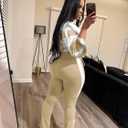 Vssjavun Women 2 Piece Outfit Color Block Long Sleeve Zip Drawstring Cropped Jacket Bodycon Long Pants Set Sweatsuit (Beige, XL)