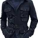 Runcati Mens Safari Jacket Military Utility Multi Pocket Casual Outdoor Fishing Cargo Outwear Coat with Belt (X-Large, Navy Blue)