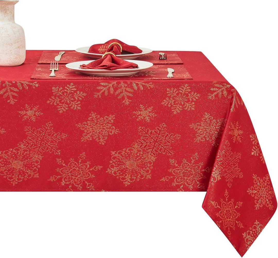 Rectangle Fancy Metallic Sparkling Snowflake Christmas Fabric Table Cloth red Hunter Gold Navy White Silver No-Iron Soil Resistant Woven Holiday Table Cover(Red Gold/60x104Inch)