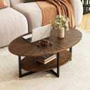 Solid Wood Oval Coffee Table with Cross Metal Legs, 43.3in Modern Industrail Center Table with Open Shelf Cocktail Tea Table for Living Room Bedroom, Rustic Brown 1811NC