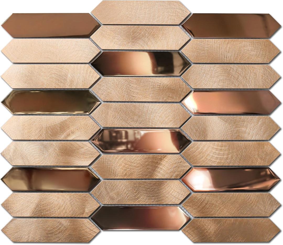Gold Tile Long Hexagon Mosaic Tiles for Kitchen Backsplash Wall Bath Shower Floor Real Metal Tile 5 Sheets, 13.5"L x 11"W
