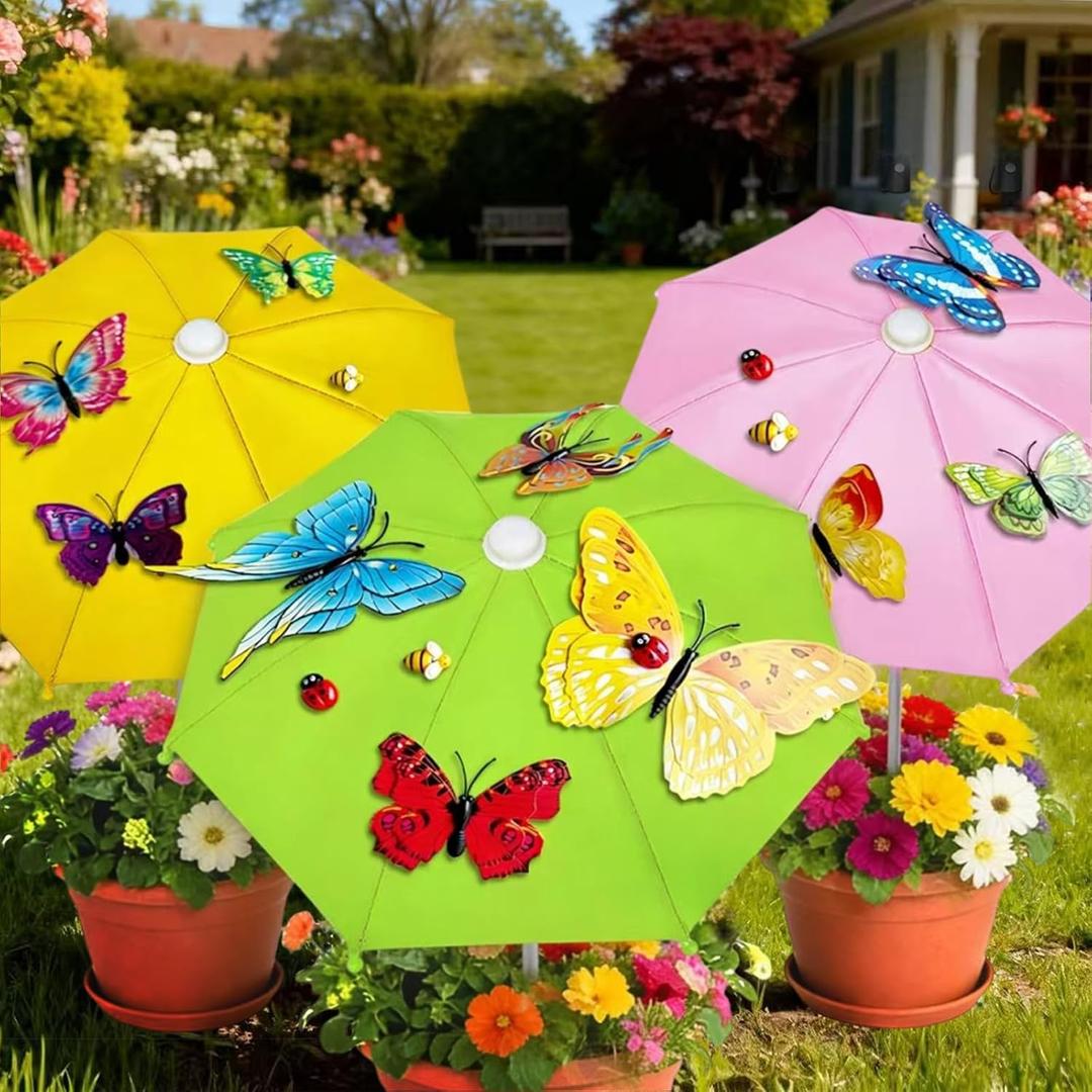 3 pack Plants Umbrellas for Outdoor Plants, Garden Small Umbrellas for Potted Plants & Garden Beds Provide Sun Shade and Rain Protection with 12 Butterflies and 8 Insect Accessories