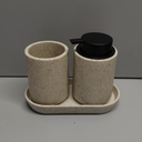 Beige Bathroom Accessories Set, 3 Pcs Resin Bathroom Accessories Complete Set, Sandstone Look Soap Dispenser with Large Pump, Toothbrush Cup, Soap Dish for Modern Home Decor and Kitchen