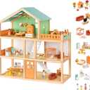 OOOK Large Wooden Dollhouse with 42 Pcs Luxurious Furniture Accessories, 3-Story Doll House 6 Rooms Balcony Wooden Stairs, Ideal Modern Doll House for 3 Year Old