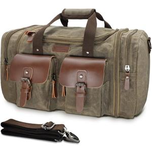 Wildroad Waxed Canvas Duffle Bag - 60L Waterproof Genuine Leather Weekender Overnight Travel Hand Bag (Vintage Grey)