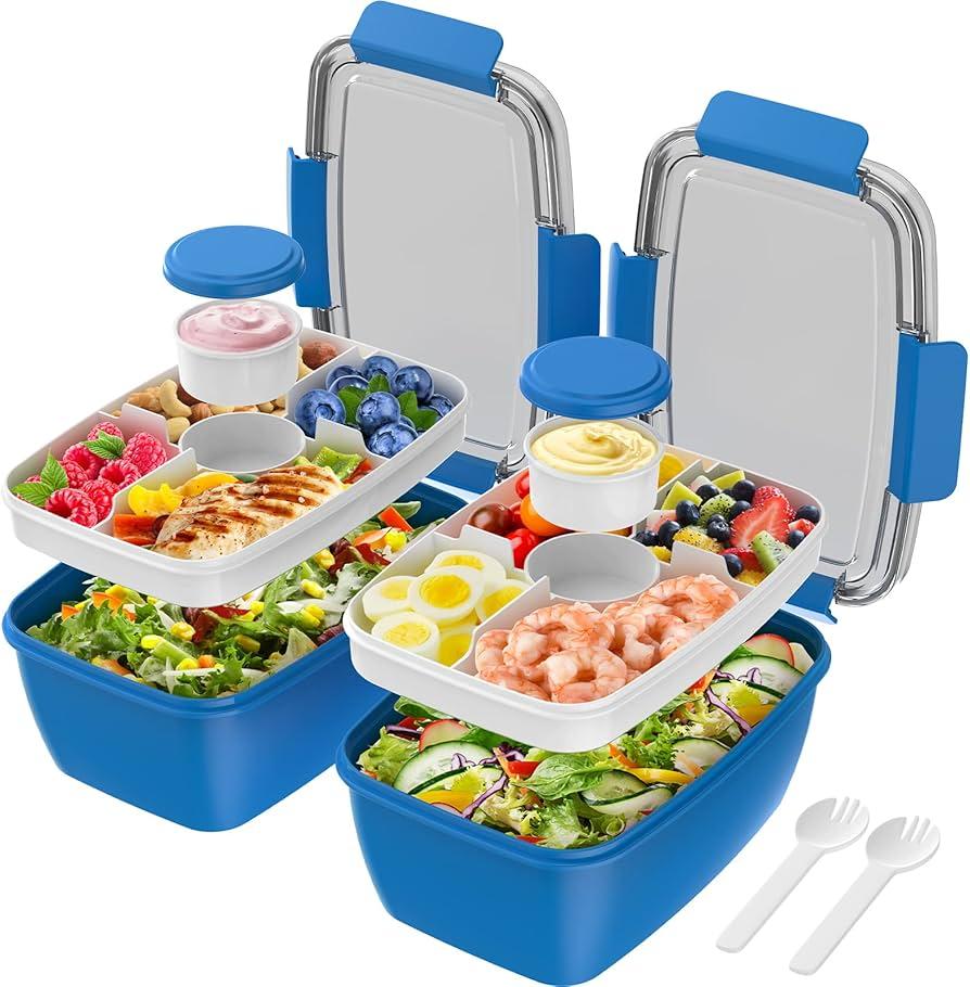 Cherrysea 2Pack Salad Lunch Container, 68oz Salad Bowls with 4 Compartments Tray,Leak Proof Lunch Box with Fork for Men,Women BPA-Free Snack Box with Sauce Container for Dressings - Blue