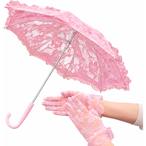 Solnique Mini Pink Lace Parasol with Floral Gloves, Vintage Lace Umbrella for Wedding Decor, Tea Party & Photography Props