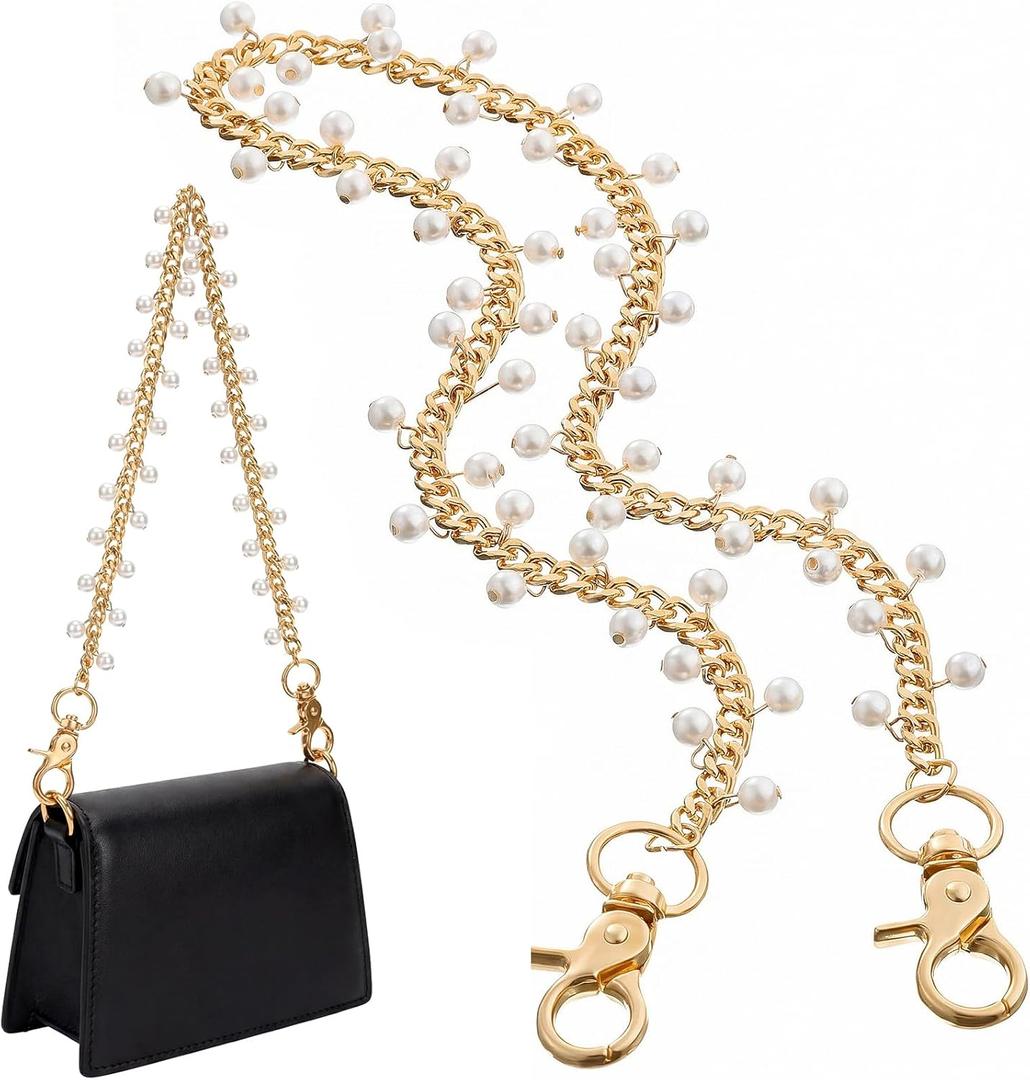 Hinly Vintage Purse Bag Chain Charm for Women Gifts, 18.1 Inch Gold Short Bag Handle Strap Charms Chains Replacement Accessories for DIY Handbag Shoulder Crossbody Clutch Decoration(Pearl Chain)