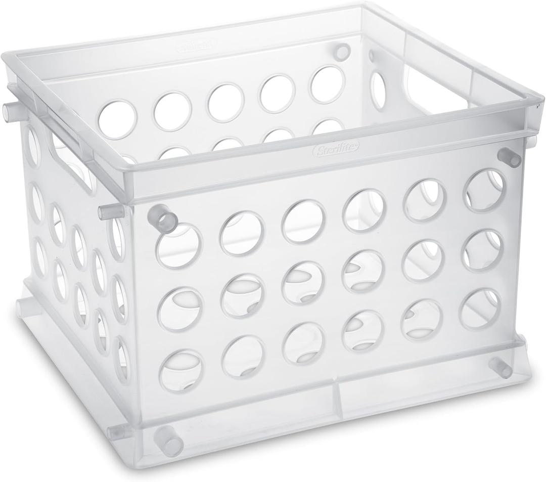 Sterilite Mini Crate, Stackable Plastic Storage Bin with Handles, Organize Home, Garage, Office, School, Dorm Room, Clear, 12-Pack