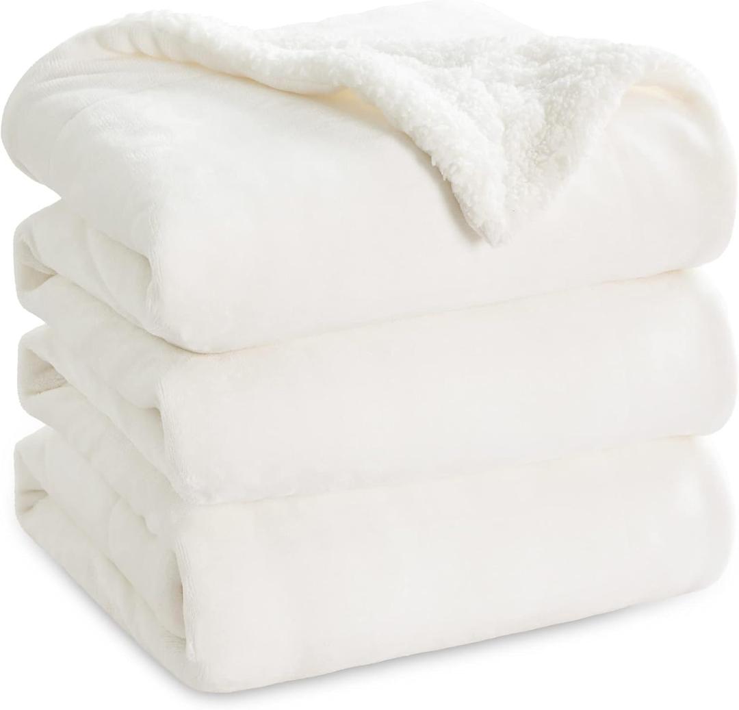 Bedsure GentleSoft Sherpa Fleece Blanket Queen Size for Bed, Non-Heated, Thick and Warm Throw for Women and Men, Soft Fuzzy Plush Queen Blanket for Winter, White, 90x90 Inches