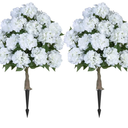 BLOSMON Fake Hydrangea Trees for Outdoors - 2 Packs 33" White Artificial Flower Topiary Ball Trees for Front Porch Decor - 20 Heads Faux Silk Hydrangea Bush Plants with Spike for Garden Yard Patio