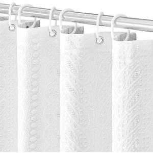 White Thick Fabric Shower Curtain, 3D Embossed Woven Rustic Heavy Duty Cloth Shower Curtain Set, Water Repellent Weighted 230GSM Hotel Quality Machine Washable Bath Curtains with Hooks 72x72