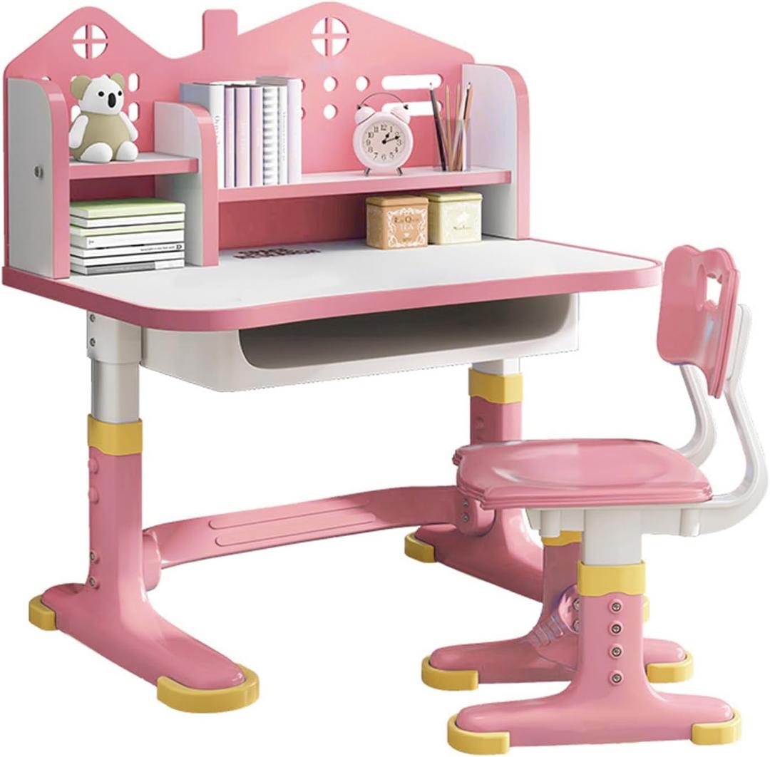 Kids Desk and Chair Set, Ergonomic Height Adjustable, Study Desk with Bookshelf, Book Stand, Metal Hook and Storage Drawer for Boys Girls,Student Writing Desks for 5-12 Years Pink1