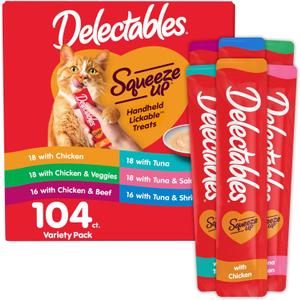Hartz Delectables Squeeze Up Variety Pack, Creamy Squeezable Puree, Lickable Wet Cat Treats, Grain Free, No Added Fillers, No by-Products, No Added Preservatives, 0.5 Ounces Tube, 104 Tubes Total (EXP 06/05/27)