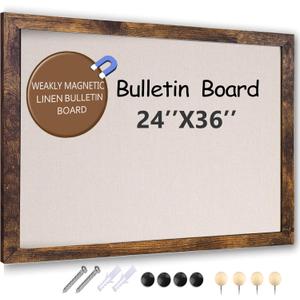 Large Magnetic Bulletin Board 36 x 24 Inch for Wall,Rustic Framed Cork Board with Linen for Home Office School, with 4 Push pins, 4 Magnets (Brown)