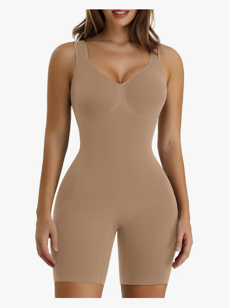 SHAPERX Women's Shaping Mid-Thigh Bodysuit Tummy Control Shapewear Seamless Sculpting Body Shaper, Sienna, 2XL-3XL