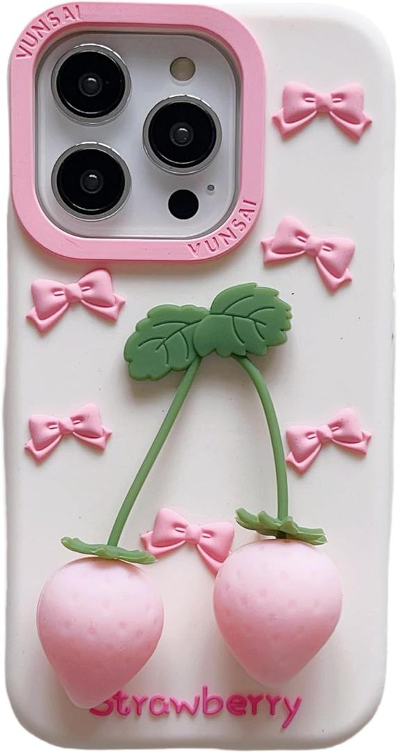 3D Bowknot Case,Cartoon Cute Kawaii Lovely Character Bowknot with Strawberry Pendant Girls Women Soft Silicone Case for iPhone 13/iPhone 14/iPhone 15 6.1 inch