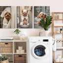 Framed 3Pcs Funny Bathroom Wall Art Dog Playing Phone on Toilet and Taking Bath in Bathroom Pictures Posters Cute Pet Canvas Prints Wall Decor for Dog Lovers Bathroom and Laundry Room Decoration