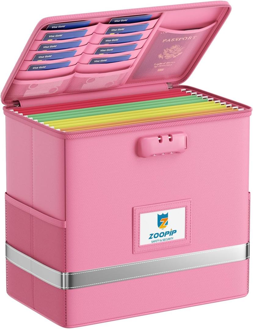 Fireproof File Box with Lock, Document Box Storage Organizer, Suitable for Hanging File Folders in Letter Size, Collapsible File Box, Reflective Strip for Fast Find (12.2"*6"*10.2, Pink) (Small)