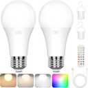 2-Pack A19 Rechargeable Light Bulbs with Remote, 15 Colors Shift + Dimmable Battery Operated Detachable LED Bulbs with 3 Timer, Wireless Emergency Puck Light Bulb for Lamps Wall Sconce, Non-Hardwired