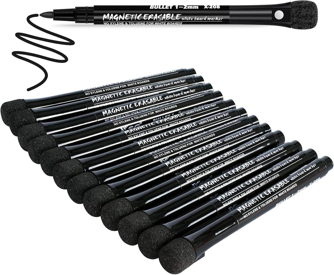 JR.WHITE Fine Tip, White Board Markers Dry Erase with Eraser Cap, Magnetic Dry Erase Markers Black Thin Dry Erase Markers Low Odor for Kids Teachers Office & School Supplies (Black Color(12 Pack))