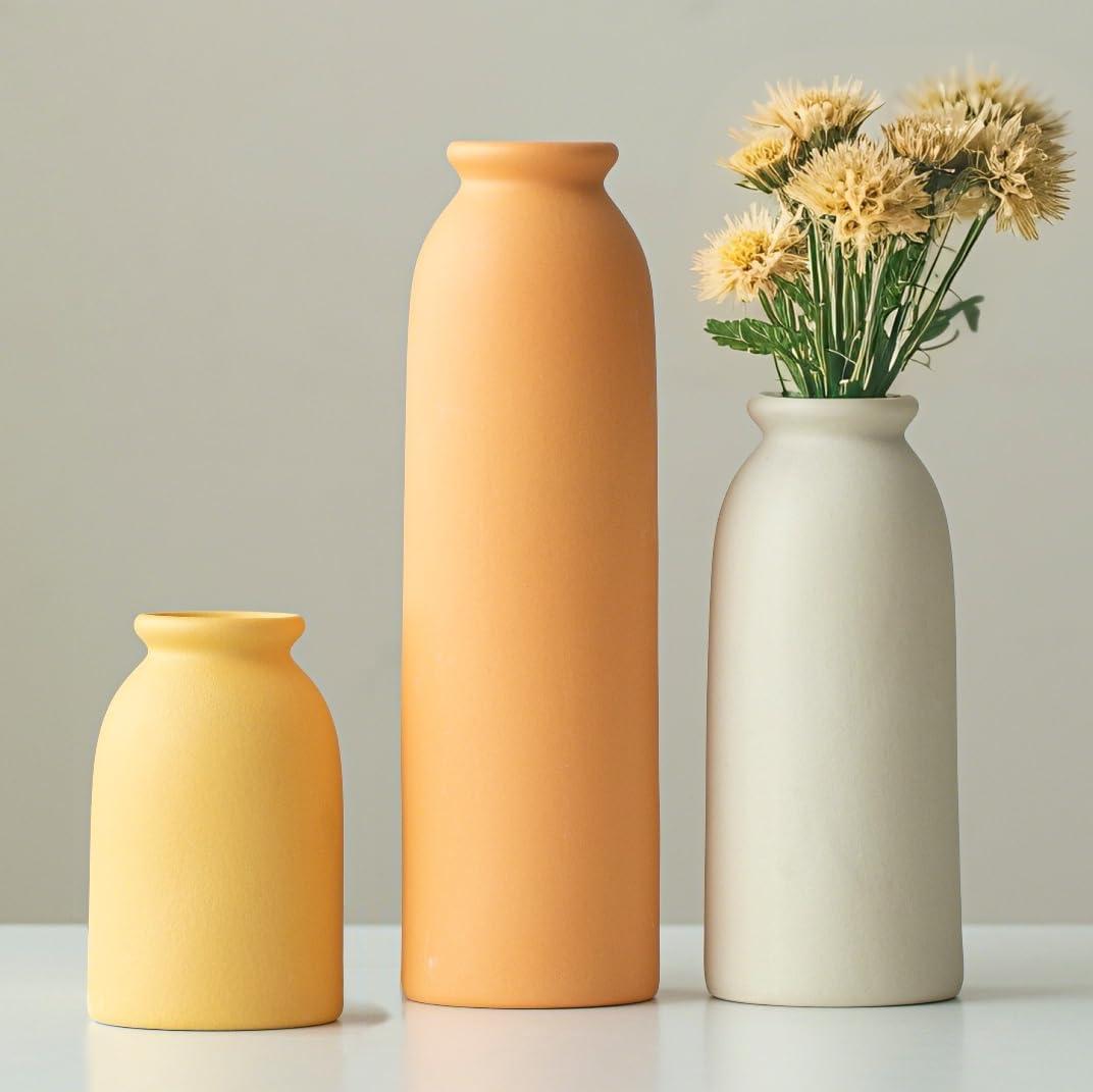 10.4 inches Tall Decorative Ceramic Vase Set, 3 Pieces, 10 inches Nordic Modern Style, White, Farmhouse Home Boho Shelf Decor(Orange)