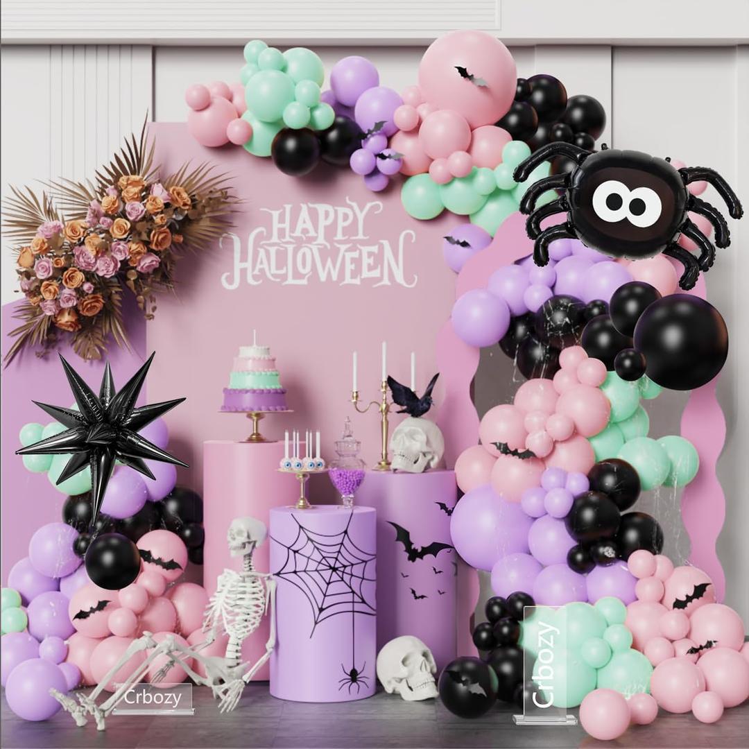 150Pcs Halloween Balloon Arch Kit, Pink Black Purple Balloons with Spider Explosion Star Foil Balloons Bat Stickers for Halloween Trick or Treat Girls Birthday Baby Shower Spooky Boo Party Decorations