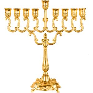 9-Branch Gold-Plated Hanukkah Menorah Candle Holder - Jewish Holiday Decor, Sabbath Table Centerpiece, Jerusalem Temple Style, Home & Office Decoration (16.5cm8cm20cm)