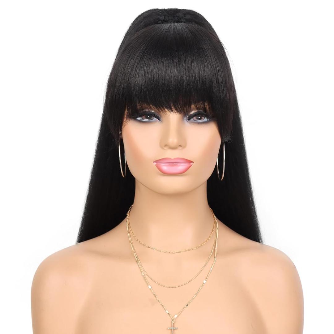 G&T Wig Yaki Drawstring Ponytail Extension with Bangs - Long Yaki Straight Clip in Ponytails Extension for Black Women Synthetic Hairpiece for Daily Party Use (1B, 24 inch)