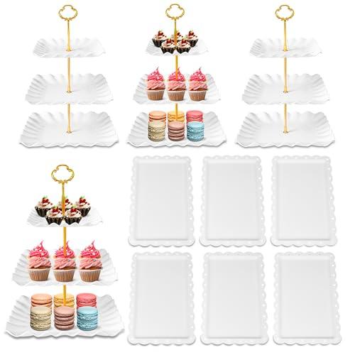 10 Pack Dessert Table Display Set - 4 x Three-Tier Square Cupcake Stands and 6 x Serving Trays, Elegant Tableware for Cakes, Cupcakes, Pastries, and Snacks, Perfect for Parties (White)