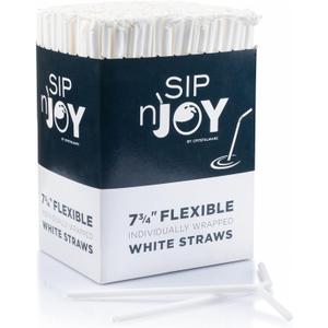 Crystalware Bulk Pack of 380 Flexible Plastic Drinking Straws - White, Individually Wrapped, Food-Safe BPA Free, 7.75 Inches Long (1 Box)