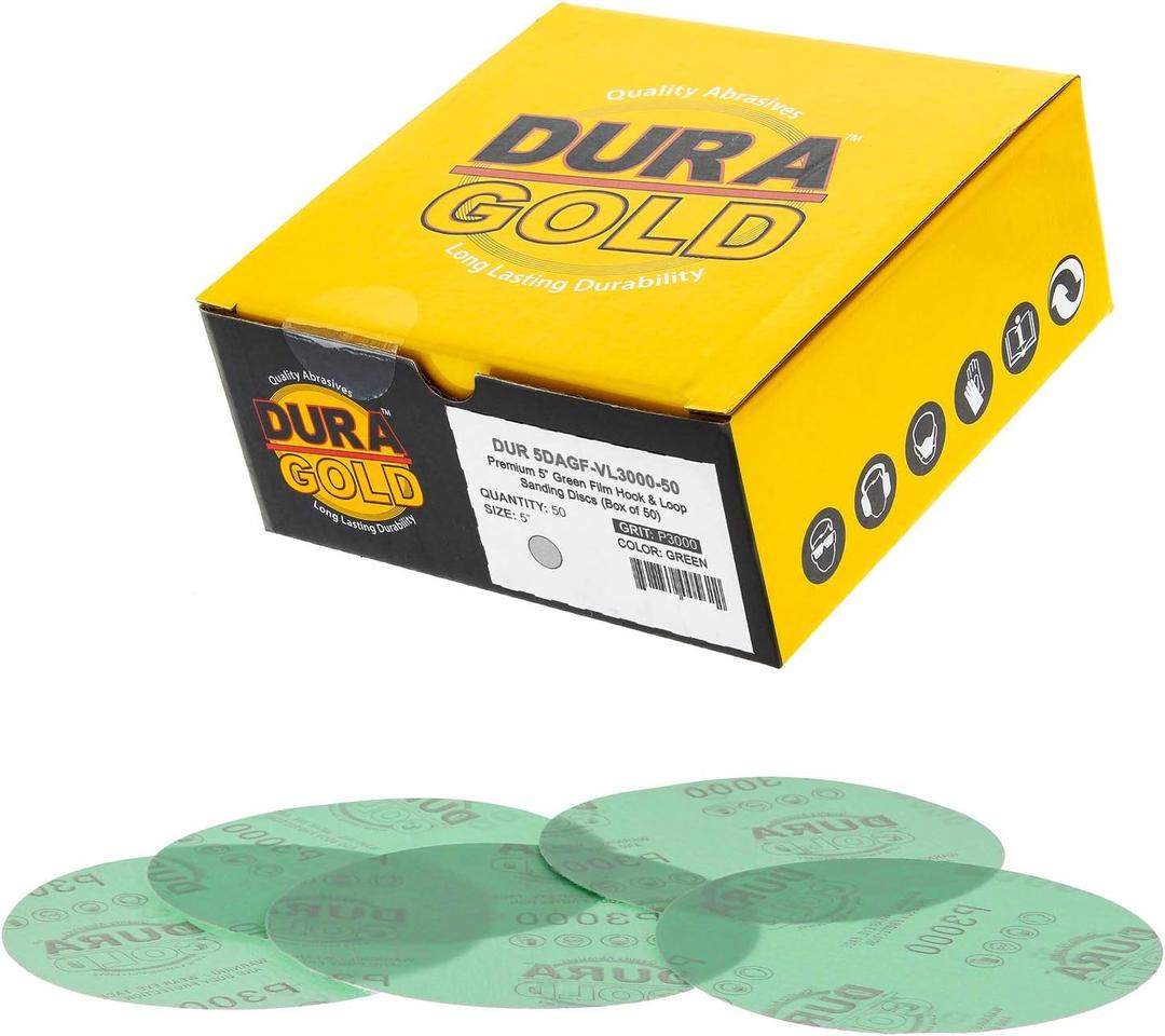 Dura-Gold Premium 5" Green Film Sanding Discs - 3000 Grit (Box of 50) - Hook & Loop Backing Sandpaper Discs for DA Sanders, Finishing Cut Abrasive, Sand Automotive Paint Car Detailing Woodworking Wood