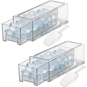 2 Set Ice Bucket for Freezer with Scoop Clear Ice Bin Plastic Stackable Plastic Containe with Pull out Handle Food Storage Organizer Holder for Pantry Freezer Kitchen Rv Fruit Wine Beverage, Small