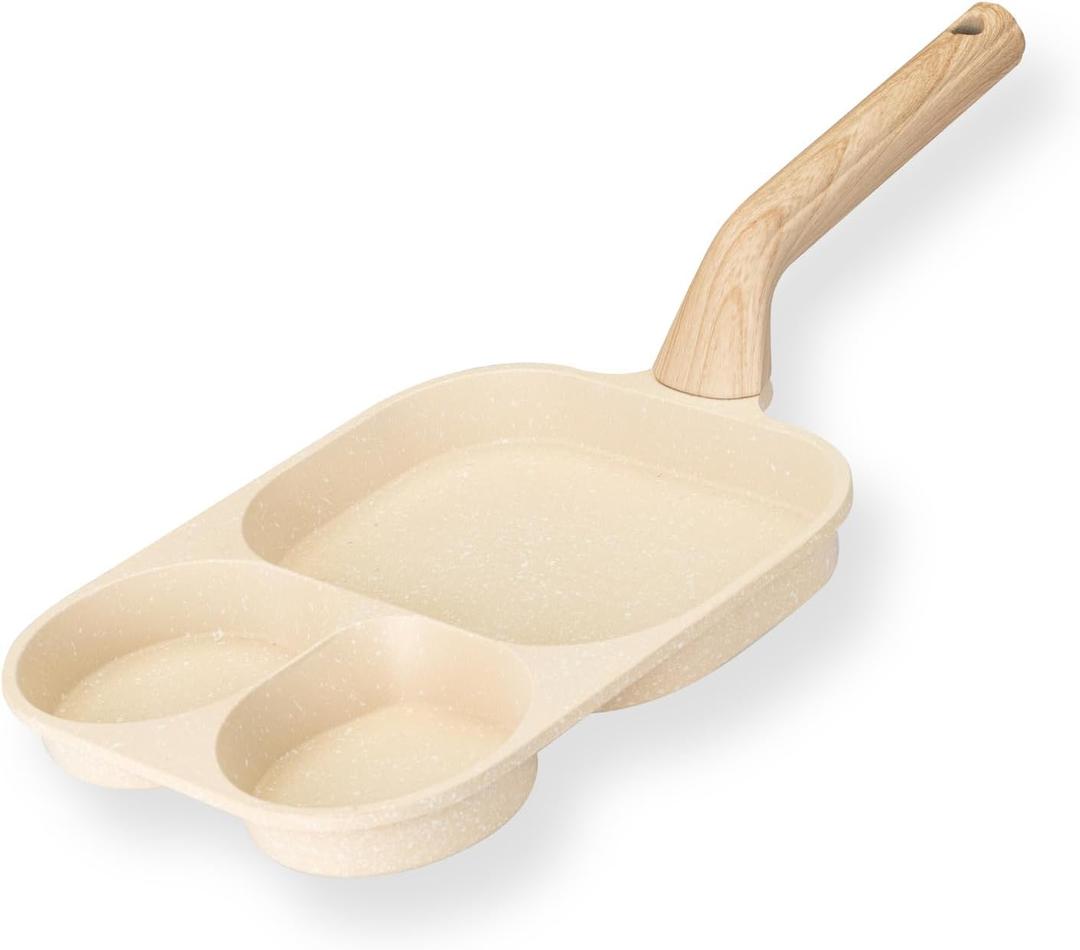 Egg Pan, Versatile 3 in 1 Non-Stick Omelet Pan, Breakfast Frying Pan for Eggs, Steak and Pancakes, Suitable for Gas Stove & Induction Cookware (Beige)