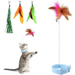 Cat Feather Collar Toy, Interactive Toys for Indoor Cats Self Play Funny Teaser Wand Neck 3-in-1 Collar Toy Feathers with Bell & 3 Refills Hands Free for Cats Play Blue
