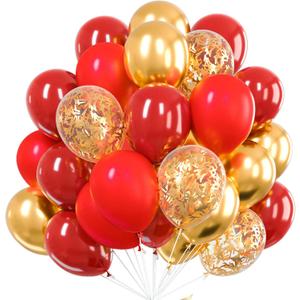 PartyWoo Red and Gold Balloons, 60 pcs 12 Inch Maroon Ruby Dark Red Burgundy Metallic Gold Confetti Balloons for Graduation Christmas Wedding Valentine's Day New Year Birthday Party Decorations