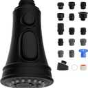 Hibbent Kitchen Faucet Head Replacement, Pull Down Spray Head, 3 Function Faucet Sprayer Nozzle with 15 Adapters, Matte Black