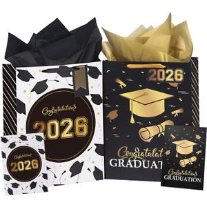 WRAPAHOLIC 16.5" Extra Large 2026 Graduation Gift Bag with Card and Tissue Paper - 2 Pack Black Gold Class of 2026 Paper Bag for Graduation Party
