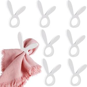 Easter Napkin Rings Set of 8, Wooden Bunny Napkin Ring, Handmade White Rabbit Napkin Ring Holders, Farmhouse Bunny Ear Set for Easter Day Dinner Parties Decoration