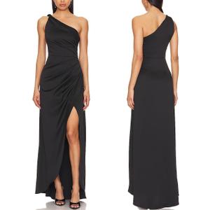 Capuffy Women's Sexy One Shoulder Long Formal Dress Ruched Waist High Split Cocktail Wedding Guest Party Maxi Dress 02 (Medium, Black)