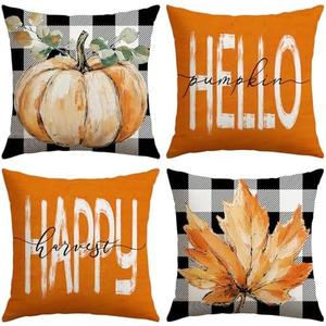 Artscope Fall Decorative Throw Pillow Covers 20x20 Inch Set of 4, Hello Happy Autumn Pumpkin Buffalo Plaid Maple Leaves Harvest Outdoor Farmhouse Pillow Cases for Home Sofa Couch-Orange B, Pack of 2
