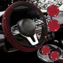 Red Steering Wheel Cover for Women Men Bling Bling Crystal Diamond Sparkling Universal Fit 14-15 Inch with 2PCS Anti Slip Crystal Rhinestone Car Coaster