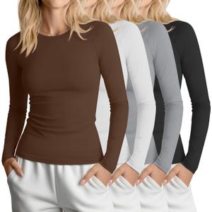 4 Pack Womens Compression Long Sleeve Shirts Crew Neck Yoga Tops Slim Fit Workout Basic T Shirt Gym Sports (Medium, Brown, White, Light Gray, Black)