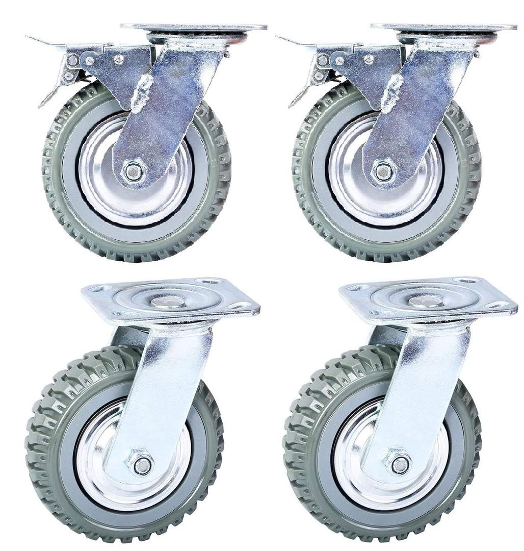8 inch All Swivel Caster Wheels, Heavy Duty 4Pcs Pack Anti-Skid Rubber Swivel Casters with 360 Degree Top Plate (2 with Brakes Lock & 2 Without)