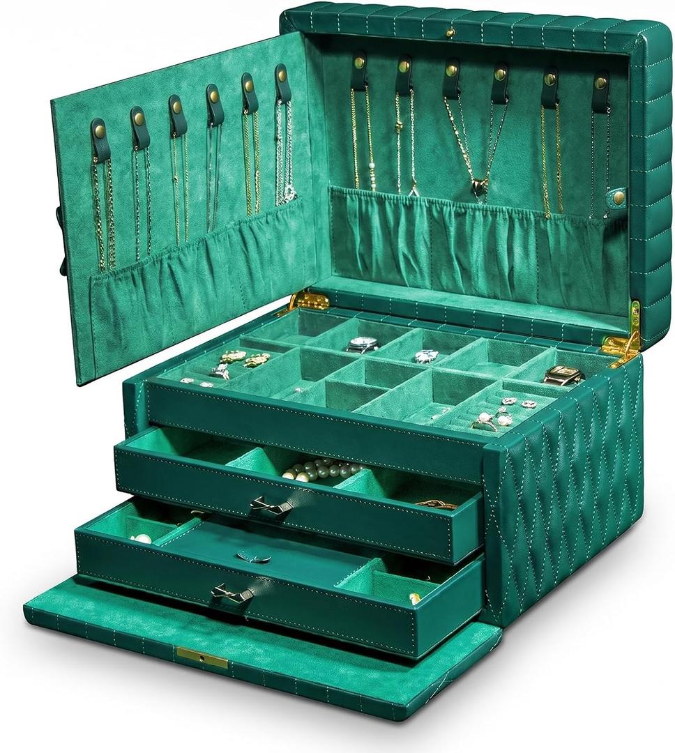 Genuine Leather Jewelry Box 3 Layer Large Jewelry Organizer with Mirror, Lockable Jewelry Box for Women Necklace, Ring, Earring Organizer with Drawer - Mothers Day Gifts for Mom(Green)
