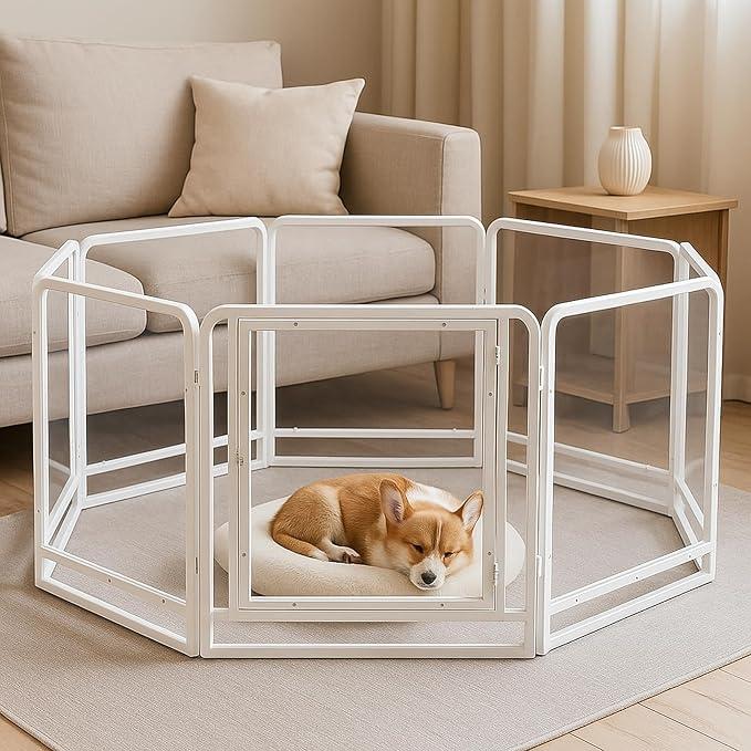 Transparent Acrylic Dog Playpen, 24"H Metal Dogs Enclosure, Easy-to-Install Pet Fence with Door, 8-Panel Puppy Playpen, Small Breeds & Puppies Kittens and Other Small Animals White Indoor Dog Play Pen